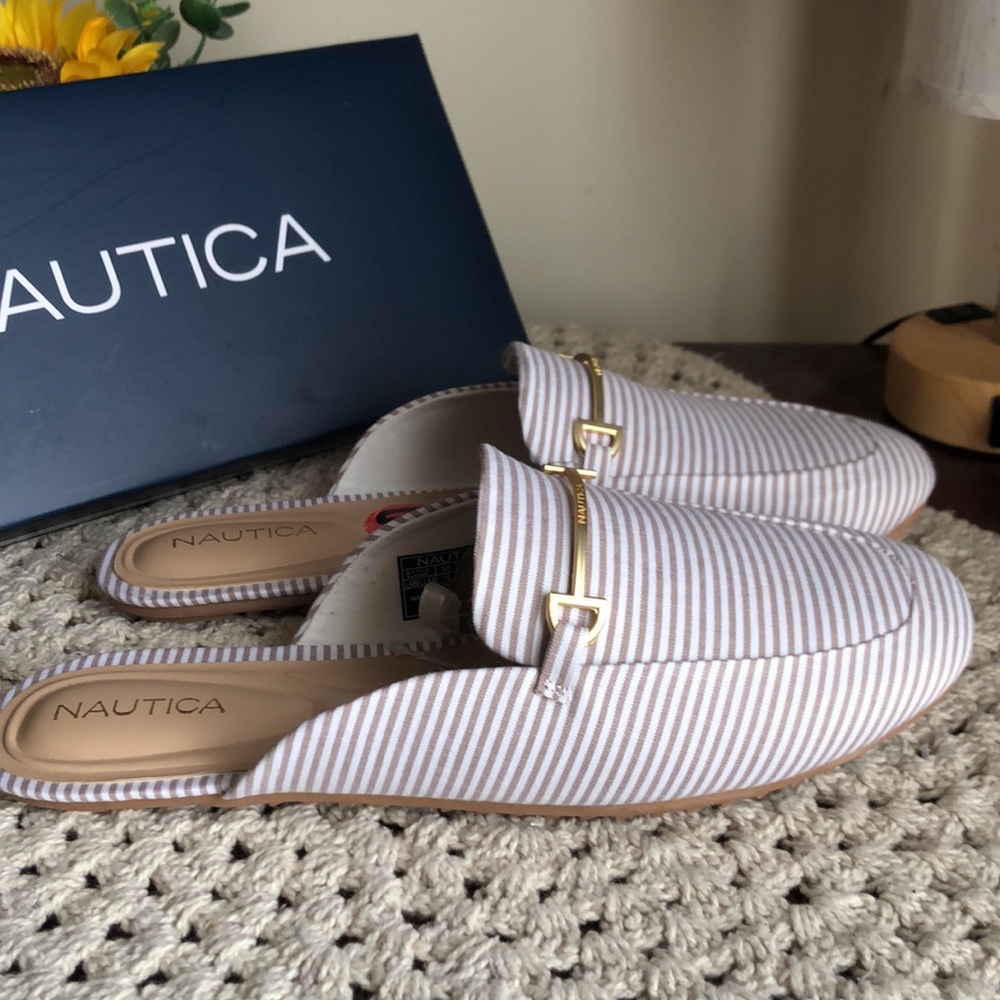 Nautica Tan & White Striped Slip-On Mules with Gold Accent - Picture 8 of 12